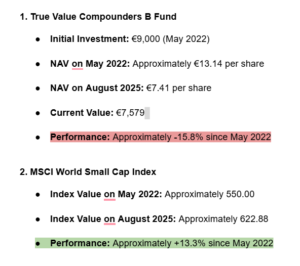 DaveCrt's tweet image. simulation with #truevalue compunders: apple to apple - El fondo en 3 años deja casi un 16%. El MSCI small cap gana un 13.3%. Entonces hablar de una temporada de penalización de small cap ya no me vale. #nagarro #alejandroestebaranz #Accountability - Disclaimer: Exit de posicion