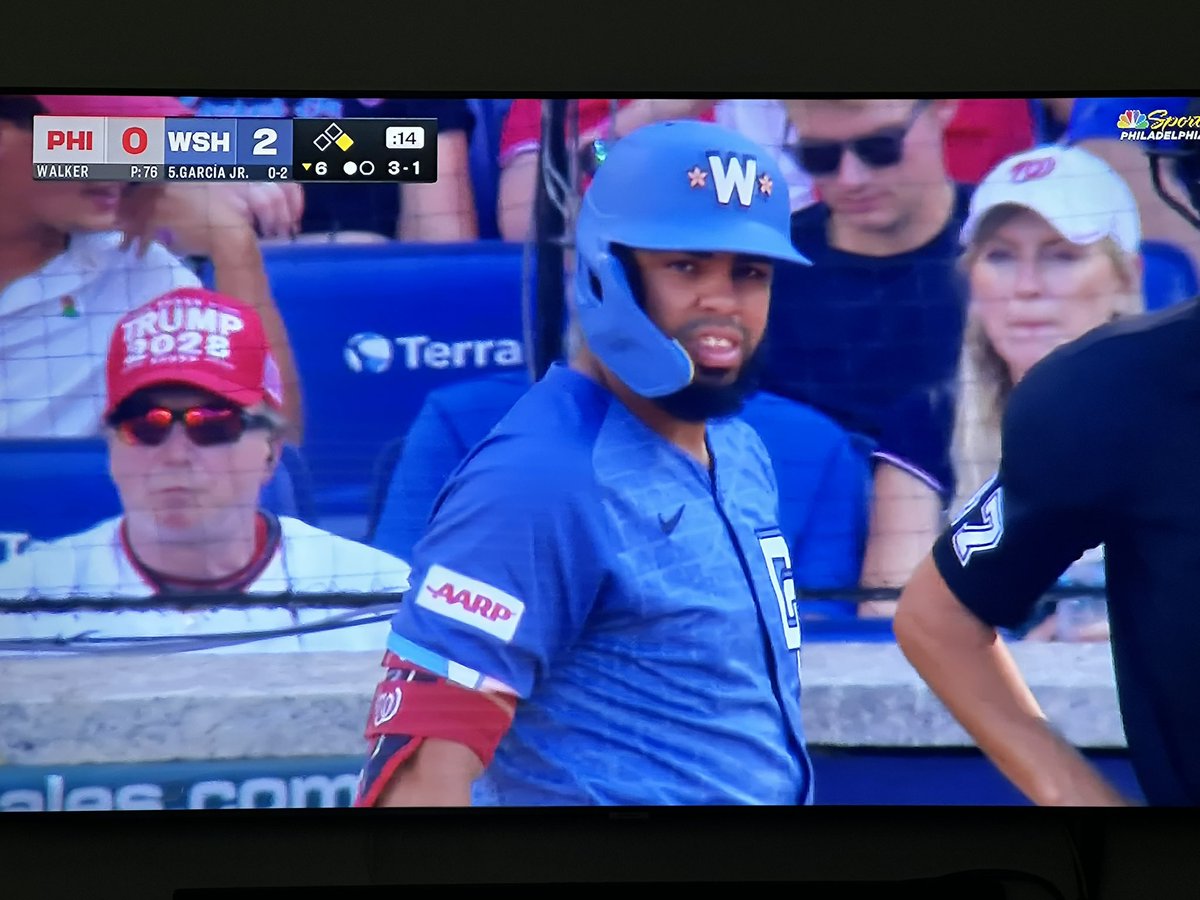 Phillies and Nationals game, guy behind home plate wearing a Trump 2028 hat. Love it