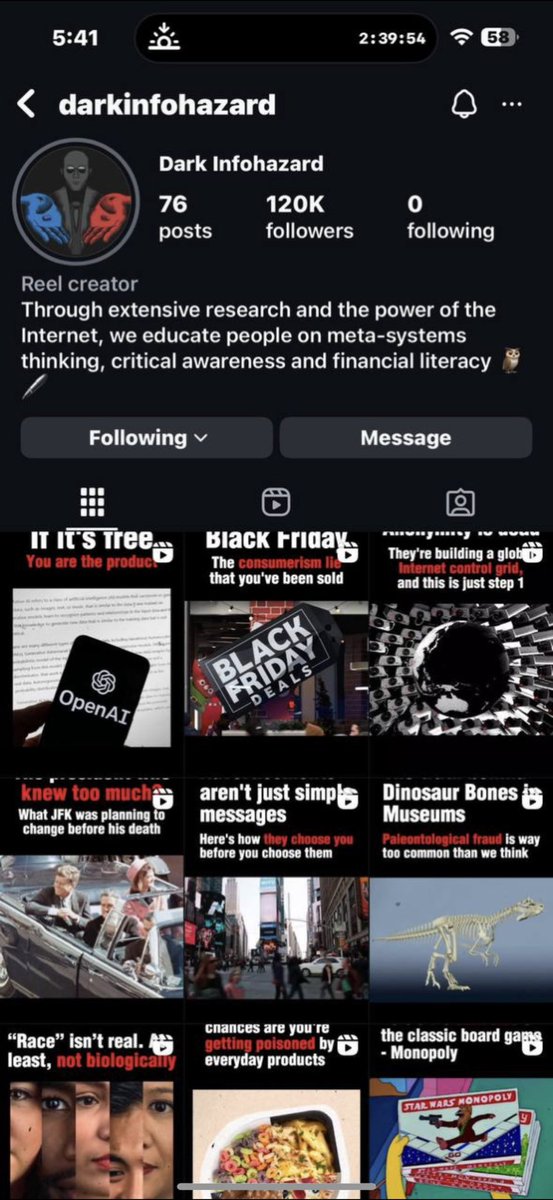 Screenshot of darkinfohazard Instagram profile with 120K followers