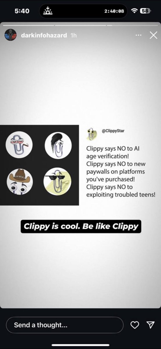 Instagram story promoting Clippy as cool and anti-AI exploitation