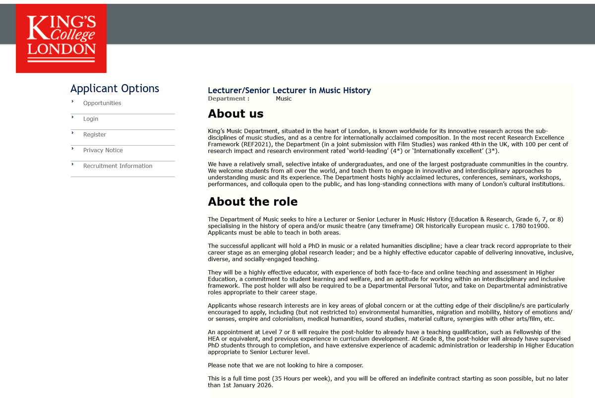 Abhishek Saha (@obhisheksaha) on Twitter photo 🧵1/ King's College London (KCL) <a href="/KingsCollegeLon/">King's College London</a> currently has a job advert for Lecturer/Senior Lecturer in Music History that, in my opinion, does not comply with the university's legal duty to secure freedom of speech and academic freedom. 🧵1/ King's College London (KCL) <a href="/KingsCollegeLon/">King's College London</a> currently has a job advert for Lecturer/Senior Lecturer in Music History that, in my opinion, does not comply with the university's legal duty to secure freedom of speech and academic freedom.