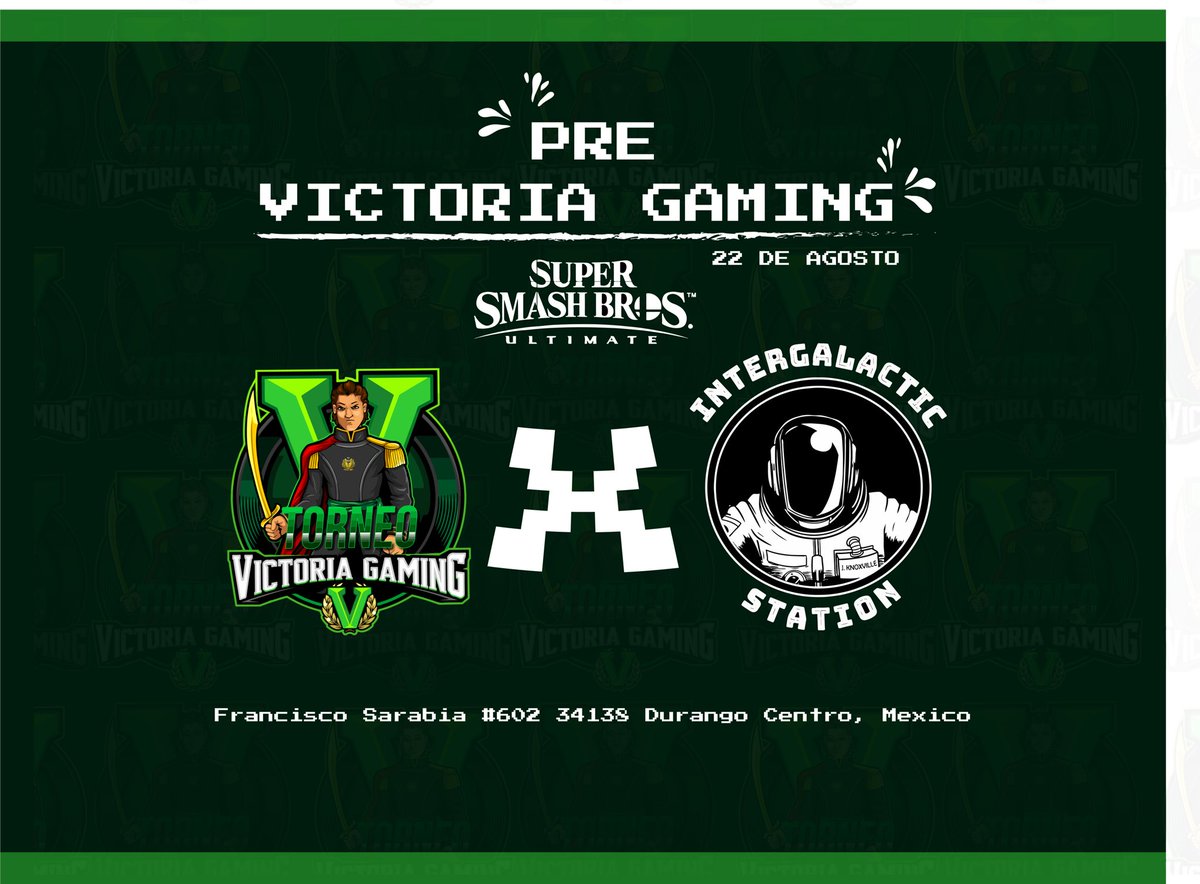 Pre- Victoria Gaming💚🏆

Nuestros amigos de Intergalactic Station se nos unen a la reta🦂❤️

Tendremos Pre Victoria el Viernes 22 de Agosto en Intergalactic Station

Singles &amp; Dobles
Link de registro:

start.gg/tournament/pre…