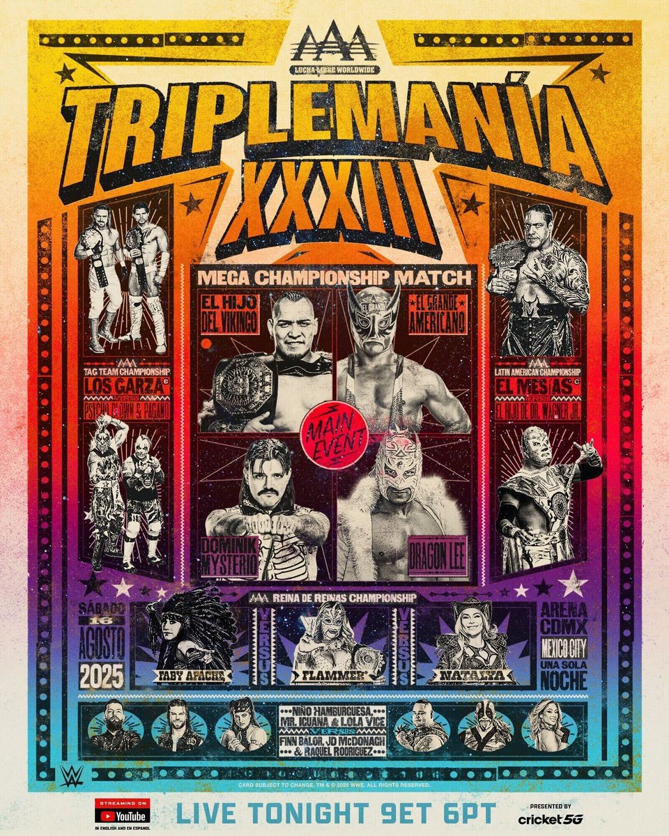 WWE (@wwe) on Twitter photo Get ready for <a href="/luchalibreaaa/">Lucha Libre AAA Worldwide</a> #Triplemania XXXIII TONIGHT at 9ET | 6PT! Featuring <a href="/DomMysterio35/">Dominik</a>, <a href="/MrIguana/">Mr. Iguana</a>, <a href="/FinnBalor/">Finn Bálor</a>, <a href="/dragonlee95/">Dragon Lee ドラゴンリー</a> and more. 👀
<a href="/wweespanol/">WWE Español</a>
WATCH HERE ▶️: youtube.com/watch?v=0BrCXB… Get ready for <a href="/luchalibreaaa/">Lucha Libre AAA Worldwide</a> #Triplemania XXXIII TONIGHT at 9ET | 6PT! Featuring <a href="/DomMysterio35/">Dominik</a>, <a href="/MrIguana/">Mr. Iguana</a>, <a href="/FinnBalor/">Finn Bálor</a>, <a href="/dragonlee95/">Dragon Lee ドラゴンリー</a> and more. 👀
<a href="/wweespanol/">WWE Español</a>
WATCH HERE ▶️: youtube.com/watch?v=0BrCXB…
