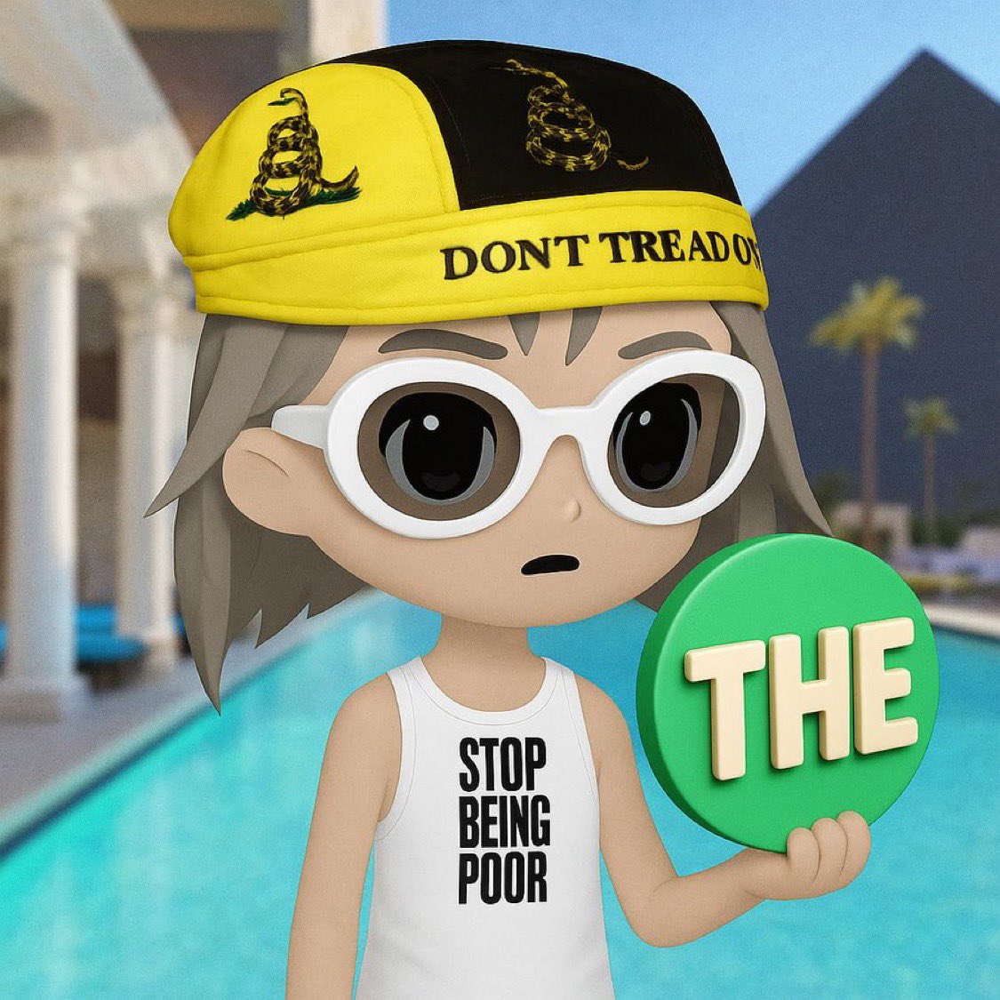 Cartoon character holding THE token with Stop Being Poor shirt