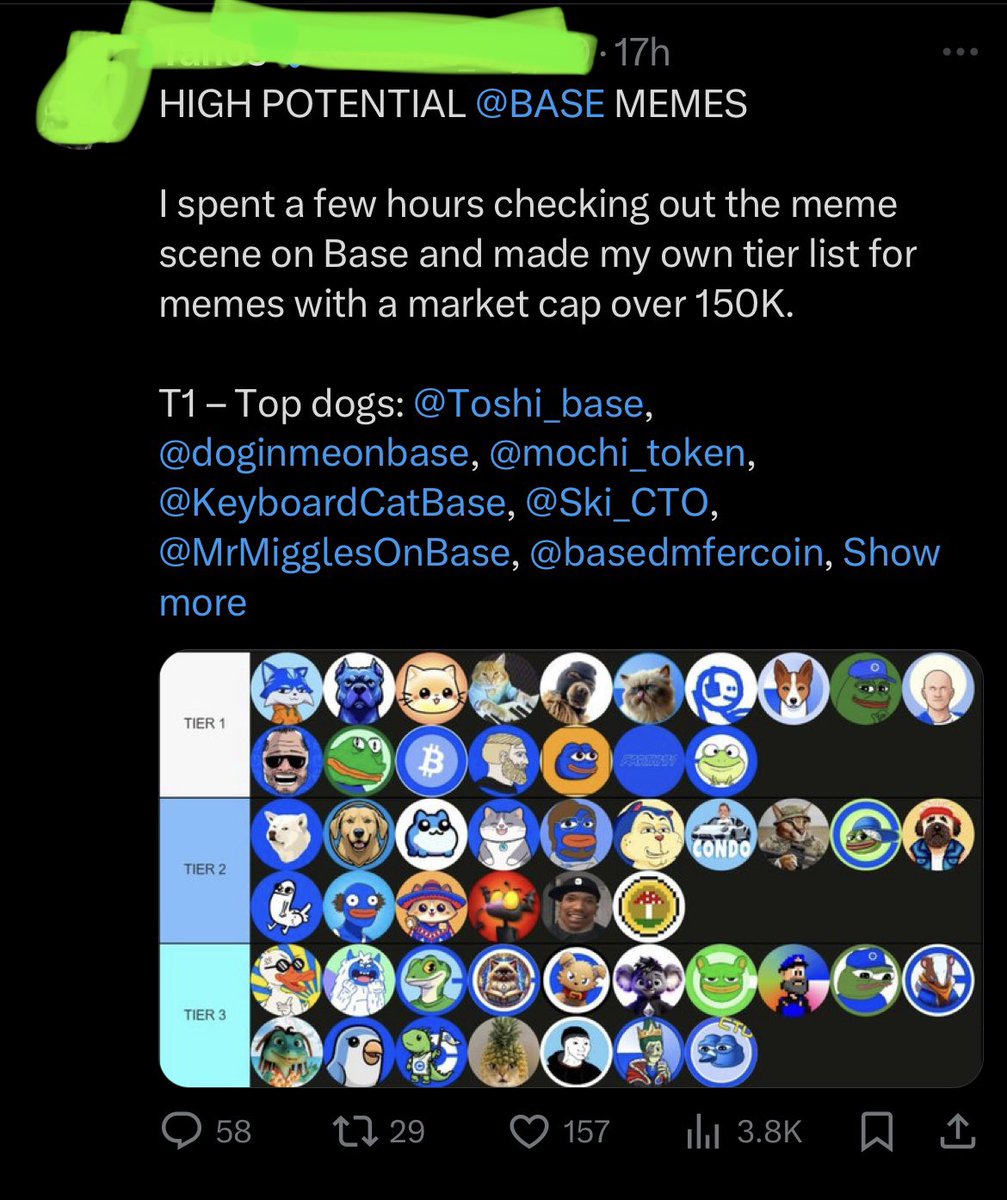 i don’t think people realize how ridiculously BULLISH this is for $BRETT

many “base” themed accounts posting charts like this and deliberately leaving <a href="/BasedBrett/">Brett</a> the highest cap meme off of it or putting it in shitty teirs where it doesn’t belong LOLLLLL

they are threatened,
