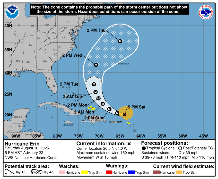 Quick Summary on #Erin 

Status: Erin has reached Category 5 strength—the first such hurricane of the 2025 Atlantic season. 

Intensity: Maximum sustained winds are hitting roughly 160 mph (≈ 255 km/h); this marks a very rapid intensification over approximately 24 hours.
