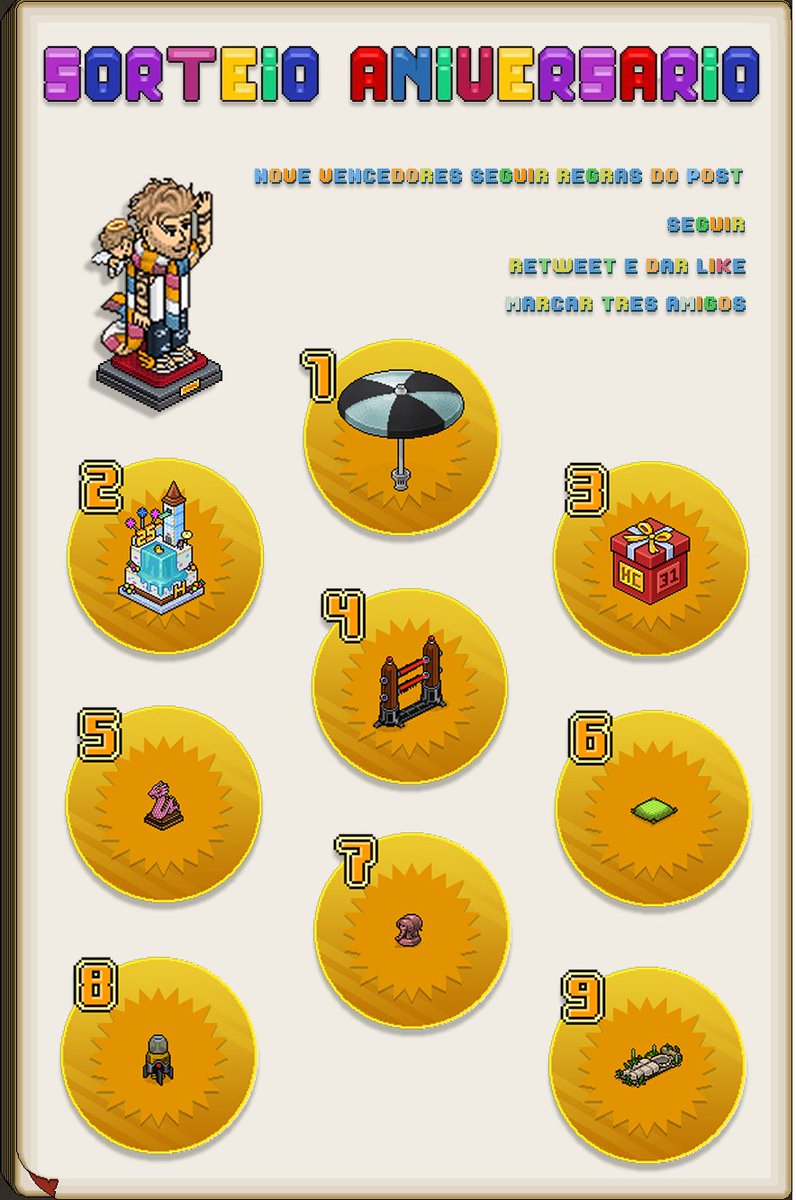 SORTEIO - O Meu Aniversário 1#🎊  
Como hoje faço anos decidi fazer um sorteio com 9 vencedores diferentes!

⚠️Comunidade PT/BR 🇵🇹🇧🇷#Habbo

Regras:
➡️ Seguir <a href="/Atla_HB/">Atla✨</a> 
➡️ Like ❤️+ RT 🔄
➡️ Marcar 3 amigos nos comentários   

🏆Resultado dia 23/08 - Total de 9 Vencedores!