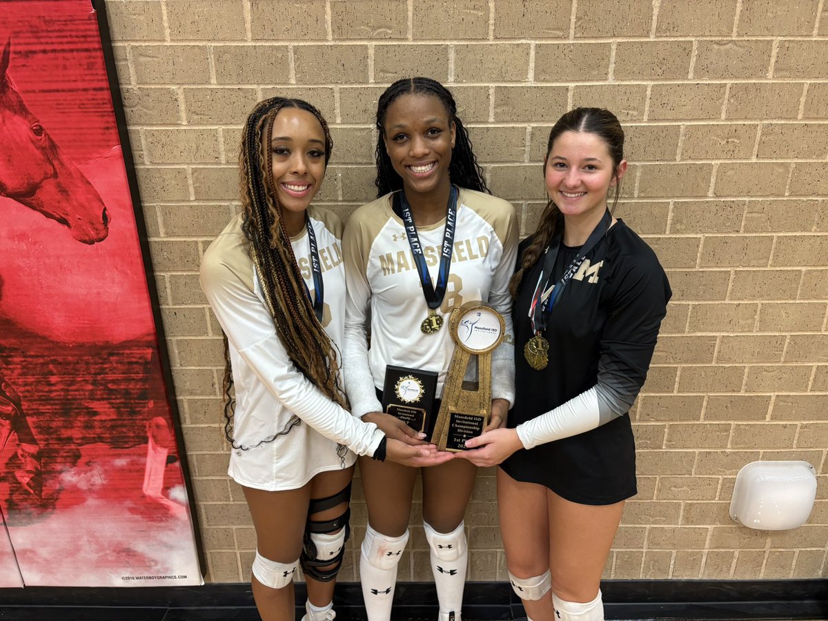 Gosset41's tweet photo. Mansfield wins the 2025 MISD Tournament. ‘29 MC Crutcher (middle) caps off the 1st tournament of her career w/ MVP honors! All tourney - Libero Natalie Peak was solid on D and great to see @meche_kylie back on the court! Watch out for the Tigers! @MISDathletics @Mansfield_Vball https://t.co/Nrt3JOuTdt