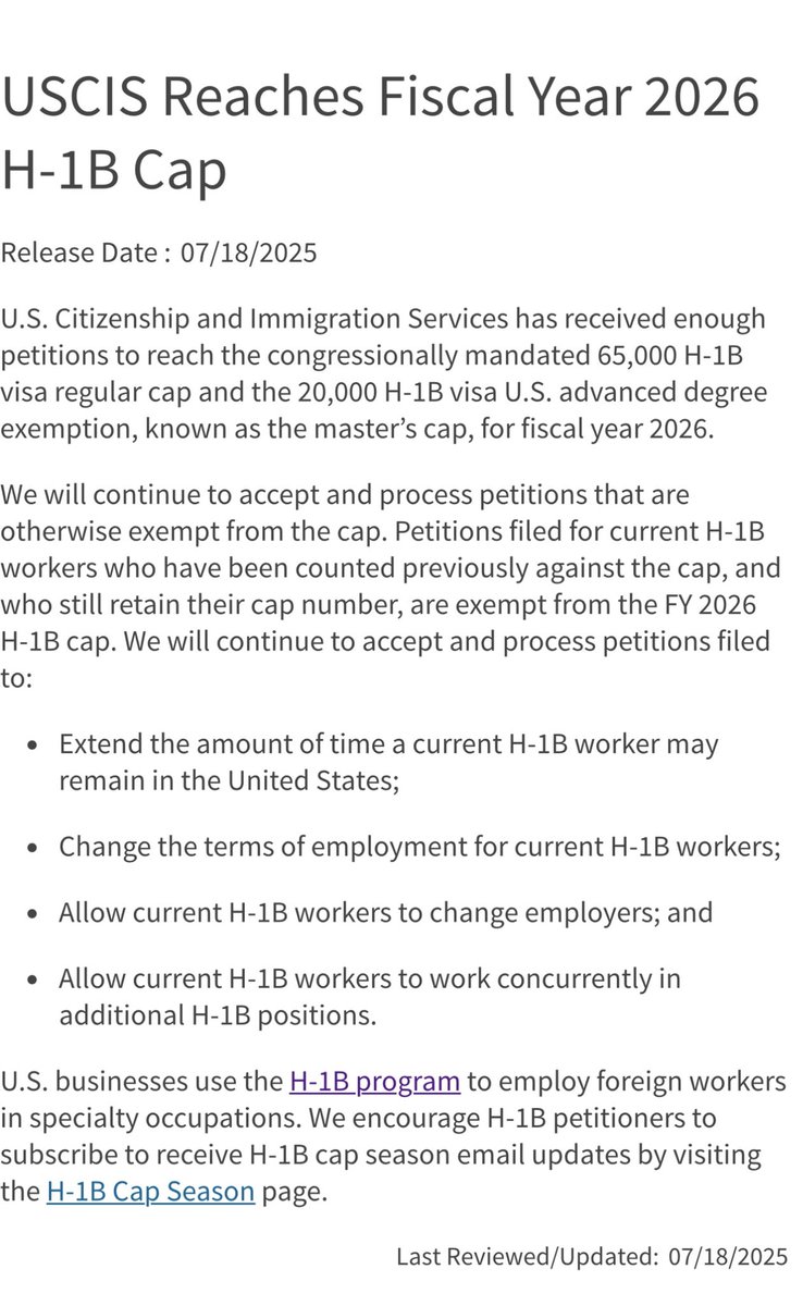 Well that’s like winning the lottery.

And to add to it, the cap has already been met for the entire year back in July.

We need to stop companies from needlessly firing thousands of Americans and replacing them with H1Bs. 

And we need to incentivize our college students to fill