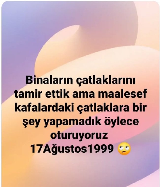 Sevdiklerinizden haber alamamak nedir bilir misiniz...Göğsünüze taş atılmış gibi... /
✨
26 yıl geçti... Akıllandık mı,Gram akıllanmadık...!
#17Ağustosdepremi1999
