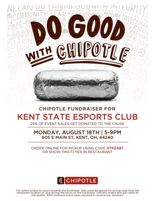 We will be hosting a Chipotle fundraiser!

🗓️ Monday, Aug. 18th
⏰ 5PM-9PM
📍605 E. Main St. Kent, OH

25% of proceeds will go towards our program for prizes and more!