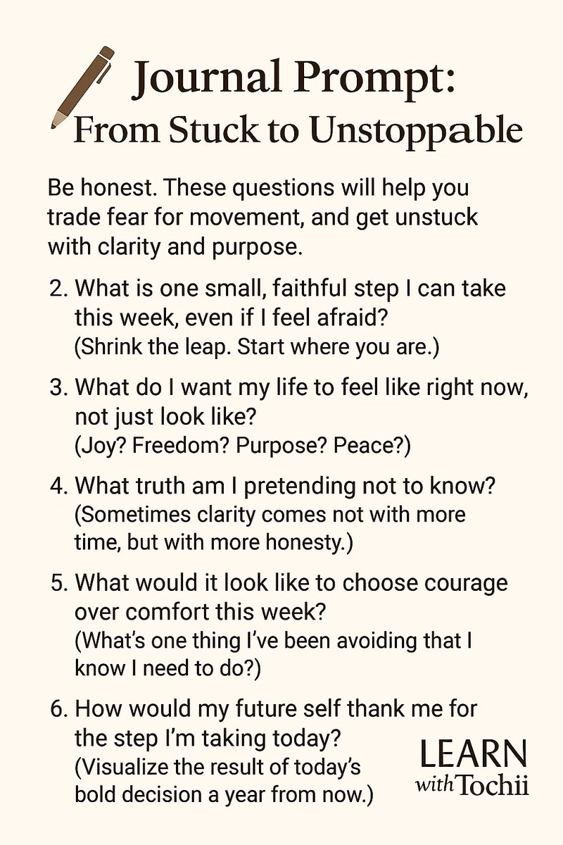 TochukwuAchebe's tweet image. ✨ Feeling stuck? These 5 questions might be your breakthrough.
Pause. Reflect. Move forward.
💭 Save &amp;amp; Journal Today
#JournalPrompt #FromStuckToUnstoppable #LearnWithTochii