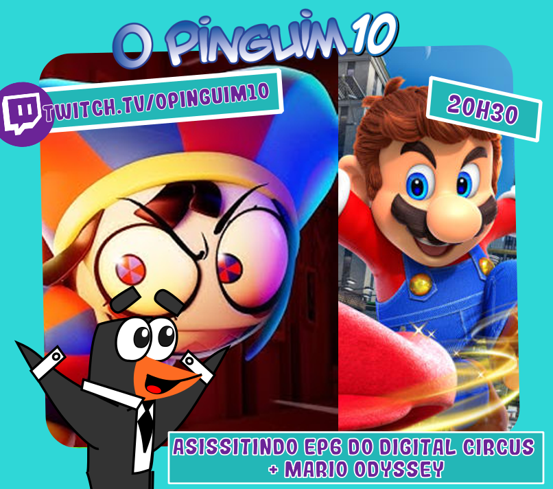 Olá Pinguinos, tudo bom?

Empolgado hj p/ assistir ao ep8 do #DigitalCircus! 
Dps jogarei o novo jogo do meu switch: #SuperMarioOdyssey 

+Extra: verei novos eps de #MilkySubwayTheGalaticLimitedExpress ( Ep 4 ao 7 )

Vem comigo ver na twitch.tv/opinguim10

#indieworld #indie