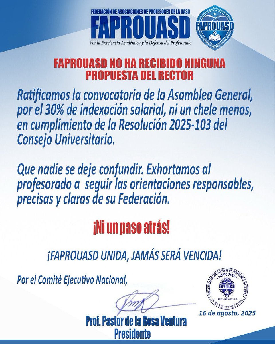 El rector no ha presentado ninguna propuesta. Ratificamos la Asamblea General por el 30% 𝐝𝐞 𝐢𝐧𝐝𝐞𝐱𝐚𝐜𝐢ó𝐧 𝐬𝐚𝐥𝐚𝐫𝐢𝐚𝐥.

No se dejen confundir. Sigamos las orientaciones de nuestra Federación.

¡𝐍𝐢 𝐮𝐧 𝐩𝐚𝐬𝐨 𝐚𝐭𝐫á𝐬!
