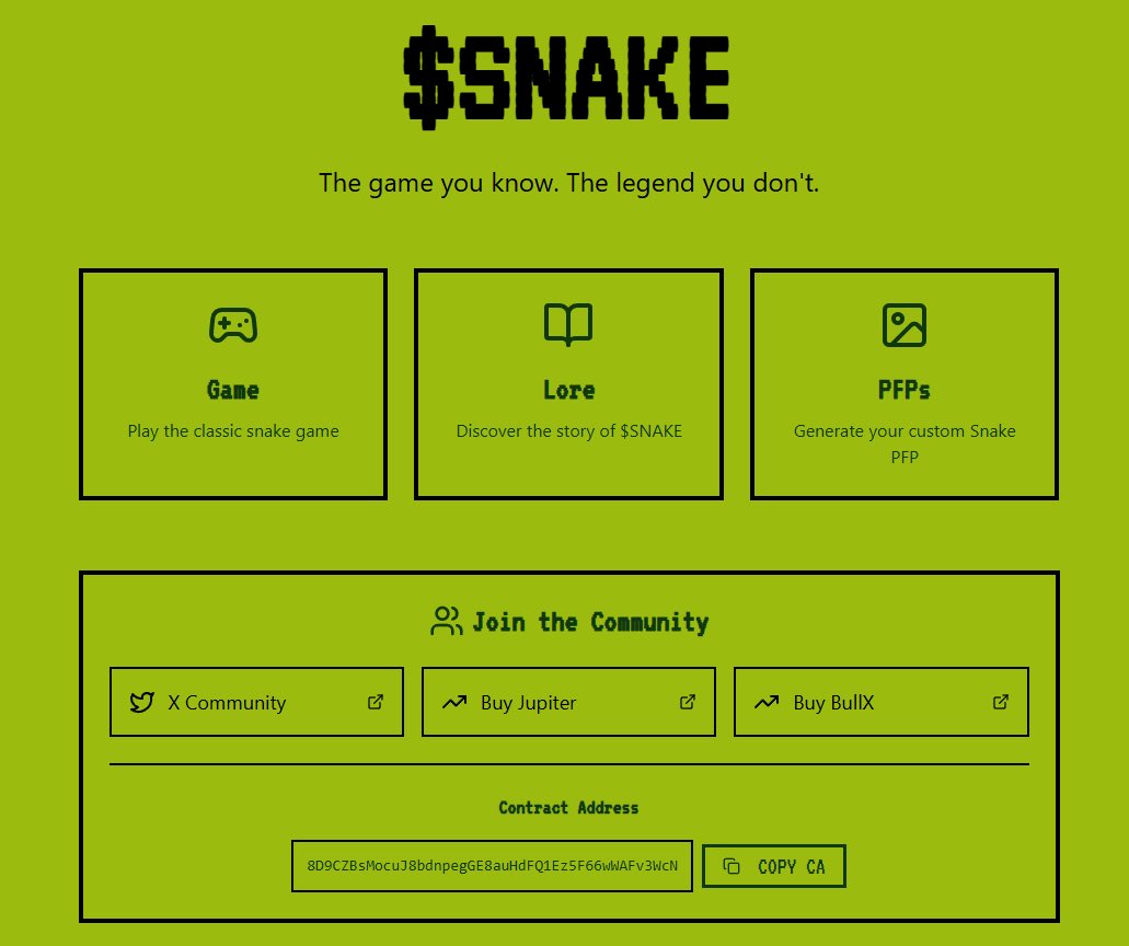 why $snake ? 🐍

&gt; built on nostalgia, the most played game ever
&gt; over 1b players know the snake brand
&gt; easy to understand, impossible to forget
&gt; simple game, massive global recognition, normie friendly
&gt; best cases: $mlg hit 236M, $rex hit 6m
&gt; pixel art meets meme culture