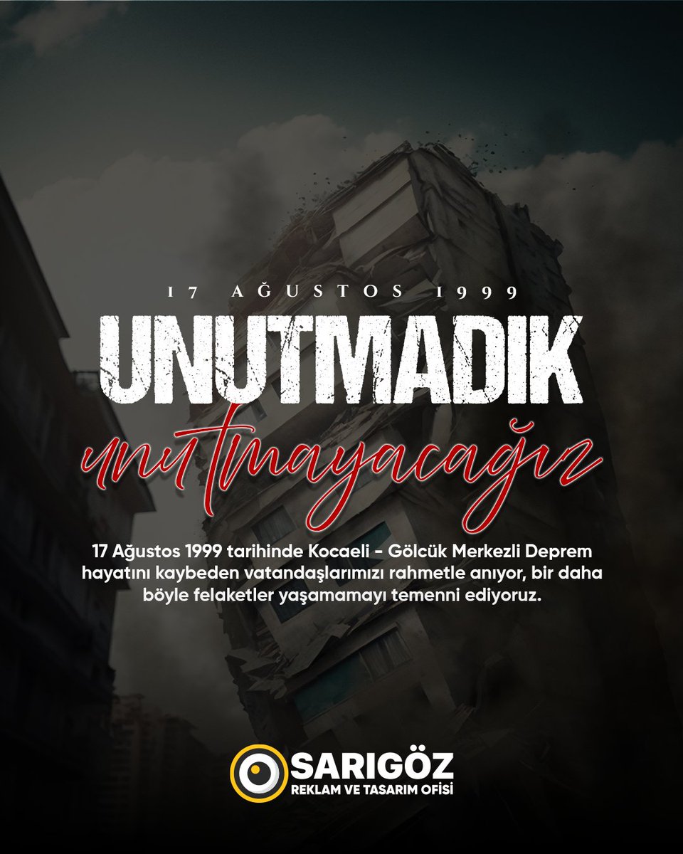 🕯️ 17 Ağustos 1999 🕯️
Unutmadık, unutmayacağız…

17 Ağustos 1999 tarihinde Kocaeli-Gölcük merkezli depremde hayatını kaybeden vatandaşlarımızı rahmetle anıyor, yakınlarına sabır diliyoruz.
Bir daha böyle felaketler yaşamamayı temenni ediyoruz. 
#17Ağustos1999 #unutmadık #deprem