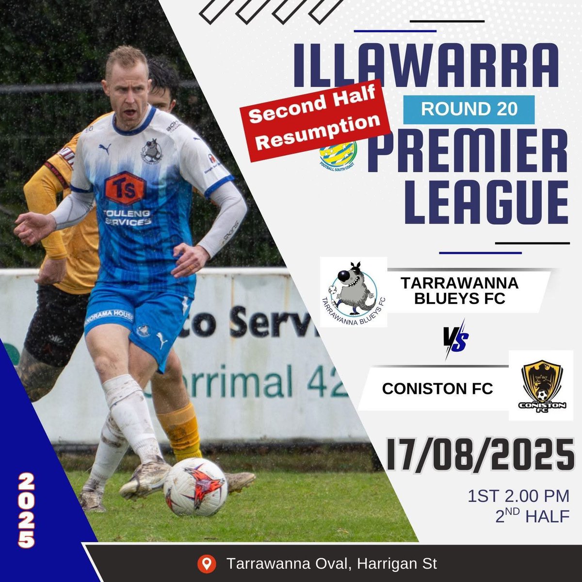 Your Blueys are back in action on SUNDAY in a <a href="/FSC_Official/">Football South Coast</a> <a href="/FratClub2519/">The Fraternity Club</a> Premier League Round 20 match at Tarrawanna against <a href="/FcConiston/">Coniston FC</a> .

*** FREE ENTRY ***

2ND HALF, 45 MINUTES DURATION ONLY.

Get up to Tarra and cheer the boys on.

Further Details: