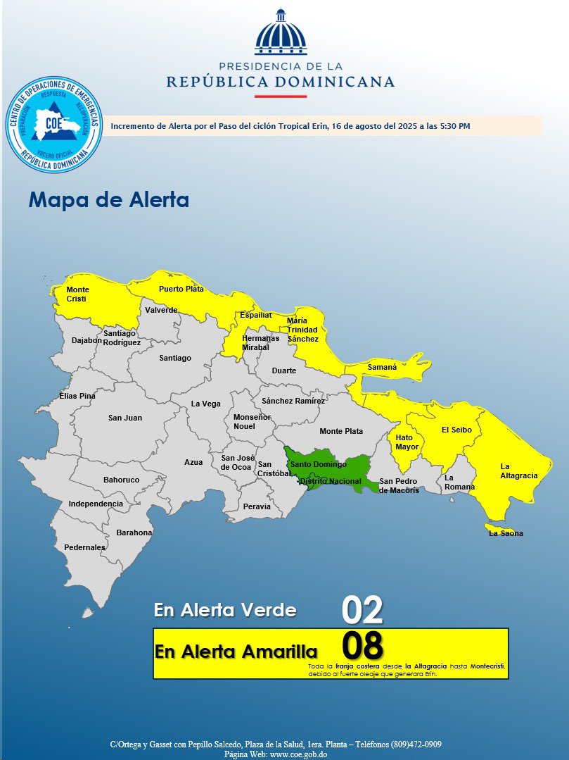 TemporadaCiclon's tweet image. 🚨BOLETÍN ESPECIAL 🚨 
El @COE_RD cambia de verde a amarilla las alertas en toda la costa Norte de República Dominicana.  
Los residentes de la Costa deben de estar al tanto con la marejaras ciclónica que pudieran presentarse. 
#HuracanErin 
#TemporadaCiclonica2025 #Erin
