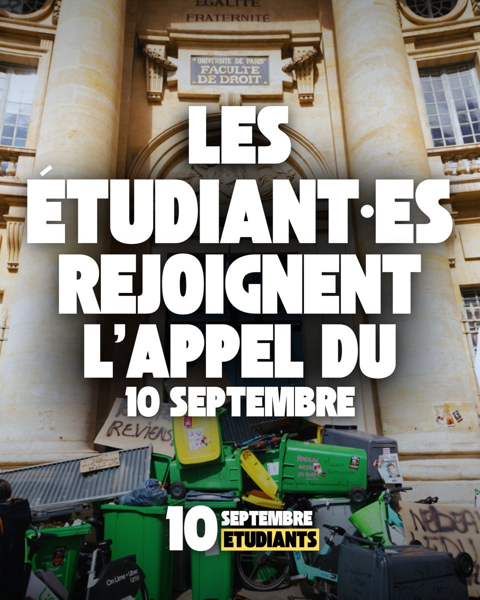 AlertesInfos (@alertesinfos) on Twitter photo 🚨🇫🇷 ALERTE INFO - Les étudiants REJOIGNENT l’appel au blocage général du pays du 10 septembre. (<a href="/etu10septembre/">Etudiants 10 septembre</a>) 🚨🇫🇷 ALERTE INFO - Les étudiants REJOIGNENT l’appel au blocage général du pays du 10 septembre. (<a href="/etu10septembre/">Etudiants 10 septembre</a>)