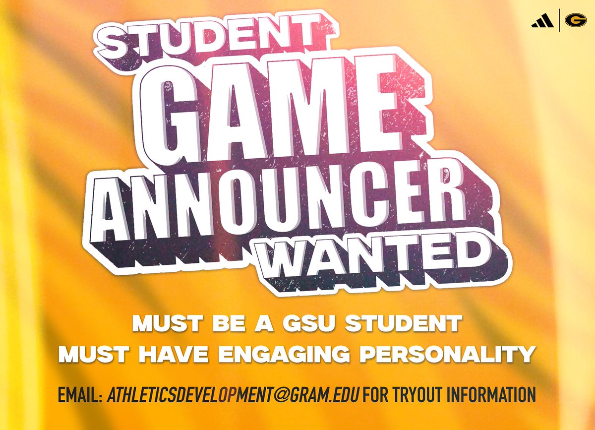 Grambling State Athletics (@gsu_tigers) on Twitter photo ๐ค๐ฅ Wanna be the voice that gets the crowd on their feet?
GSU Athletics is looking for STUDENT PA ANNOUNCERS!
If you know sports, love the game, and can bring the hype โ we want YOU on the mic!
๐ฃ Email athleticsdevelopment@gram.edu for next steps!
#GramFam #ThisIsTheG ๐ค๐ฅ Wanna be the voice that gets the crowd on their feet?
GSU Athletics is looking for STUDENT PA ANNOUNCERS!
If you know sports, love the game, and can bring the hype โ we want YOU on the mic!
๐ฃ Email athleticsdevelopment@gram.edu for next steps!
#GramFam #ThisIsTheG