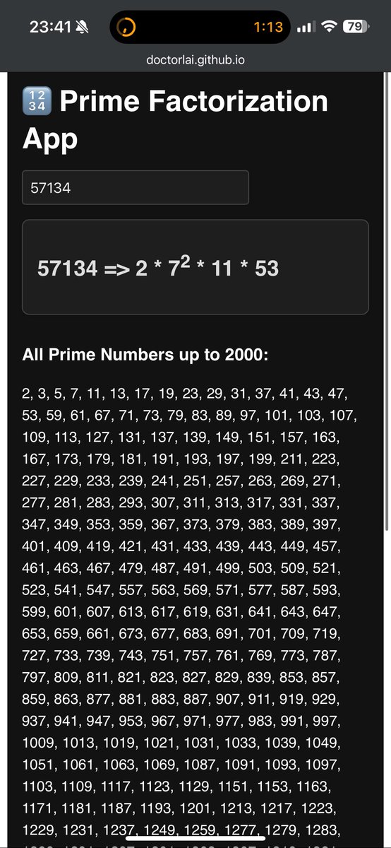 半小时 vibe coding. 开源一个小工具。整数因式分解。明天和娃讲一下[笑脸]

Made a small tool via #vibecoding   

doctorlai.github.io/prime-factoriz…