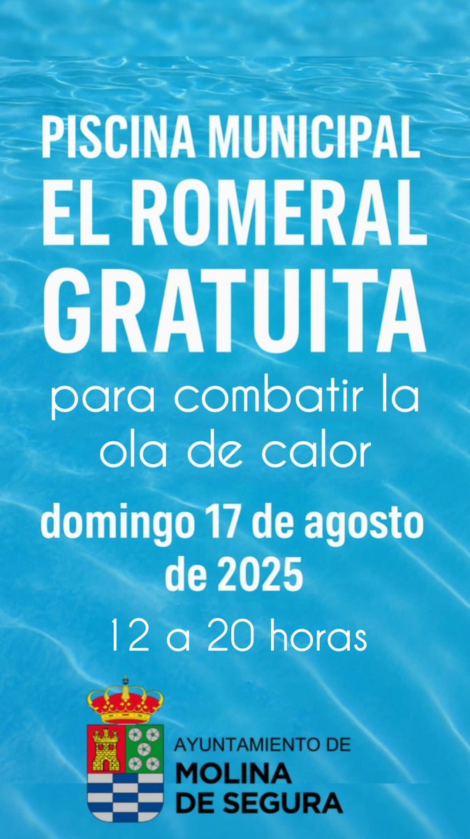 🏊‍♂️La Concejalía de Deporte y Salud de Molina de Segura pone a disposición de la ciudadanía la piscina municipal de 'El Romeral' de forma totalmente gratuita hoy, domingo 17 de agosto de 2025, en horario de 12:00 a 20:00 horas, con motivo del aviso ROJO 🔴 por altas temperaturas.