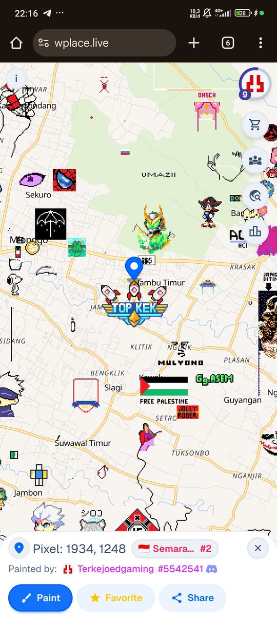 Terkejoedgaming's tweet photo. To enter the TOP $KEK meme contest, I made pixel art on my city map.
It took a day to make cause limited painted to use.
You can see my pixel art work at https://t.co/ZFGH4hvfz0
Art work link :
https://t.co/yNxRmReohX

@KEK_Gladiator @kekiustees
#TopKekContest #MemeOrDie https://t.co/vzpl9XIpjh