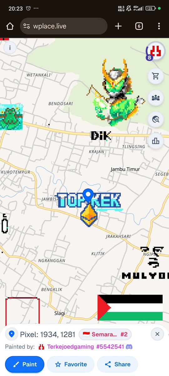 Terkejoedgaming's tweet photo. To enter the TOP $KEK meme contest, I made pixel art on my city map.
It took a day to make cause limited painted to use.
You can see my pixel art work at https://t.co/ZFGH4hvfz0
Art work link :
https://t.co/yNxRmReohX

@KEK_Gladiator @kekiustees
#TopKekContest #MemeOrDie https://t.co/vzpl9XIpjh