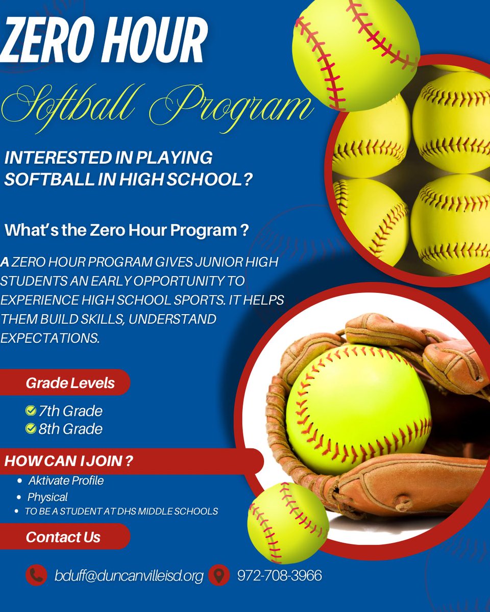 ✨ Hey Hey Middle School! ✨

We’re hyped about our Zero Hour Program. It’s the perfect chance to get a head start and experience what DHS sports are all about! 🏆⚡️

Come check us out!!! We’d love to have you!!!!! ❤️💙🐾