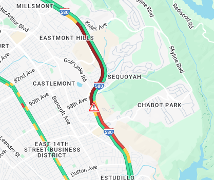 KCBSAMFMTraffic's tweet photo. #Oakland: #Interstate580 both directions at Golf Links Rd, a crash involving at least 4 cars and and overturned car are blocking lanes.  The crash occurred on the eastbound side of the freeway, but it's backing up traffic on the westbound side as well. #KCBSTraffic 📸CalTrans https://t.co/Hpg75slQhu