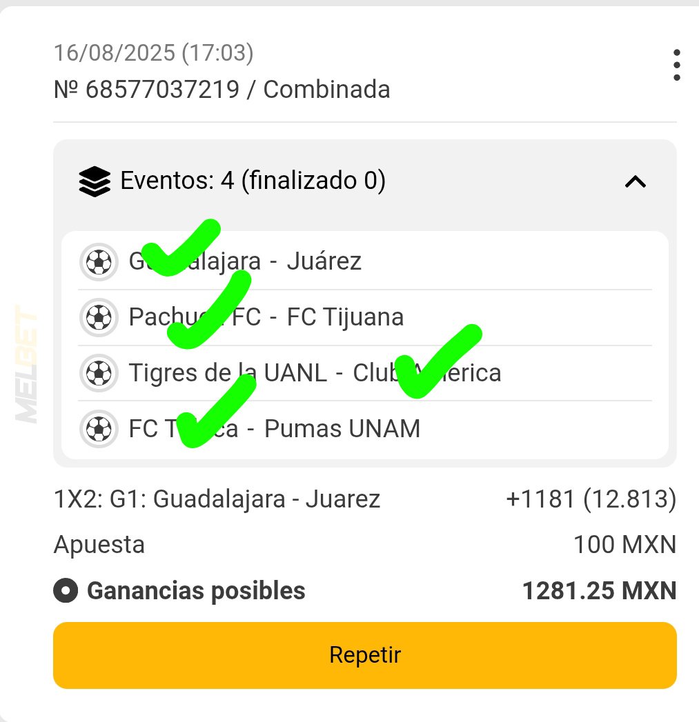 Metí está para los partidos de la LIGA MX de hoy 👀

Para los que quieran jugar aquí les dejo un bono del 100% en su primer recarga con MELBET gclnk.com/rhRPn62g