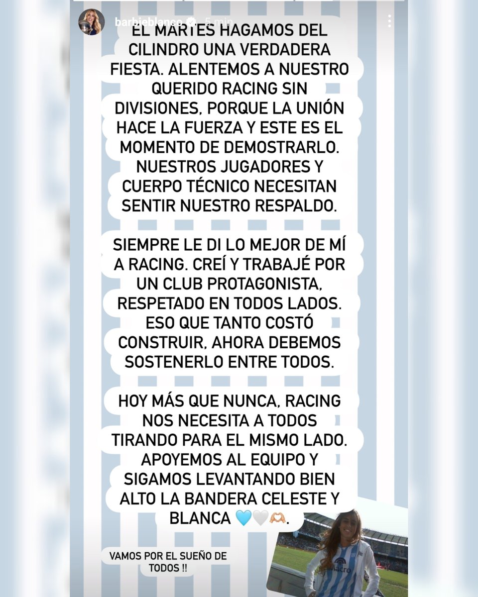 El mensaje de @BarbieBlanco, ex dirigente de #Racing, en su cuenta de #Instagram. 

Todos juntos 💙💪