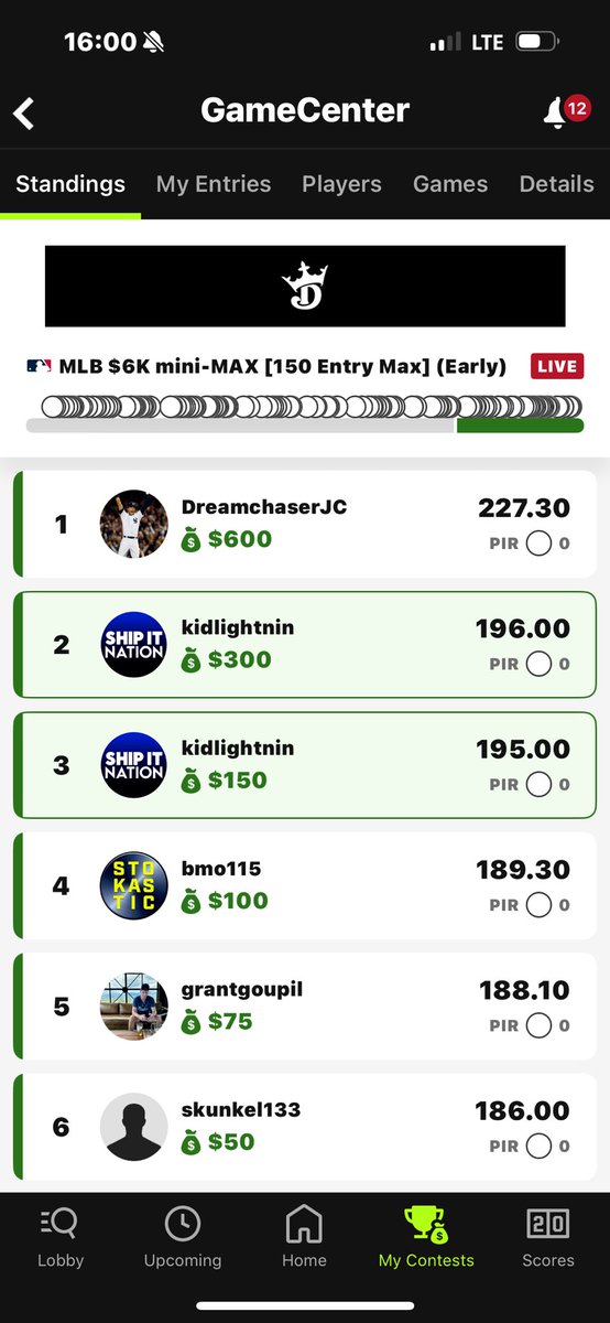 Kidlightnin's tweet photo. Took some time off from #dfs re focused my process and building bank roll thanks to @ShipItNation for all the advice and help along the way can only go back up here from a down sled last 2 years #shipitnation #mlbdfs #draftkings https://t.co/LN4OLl27ti