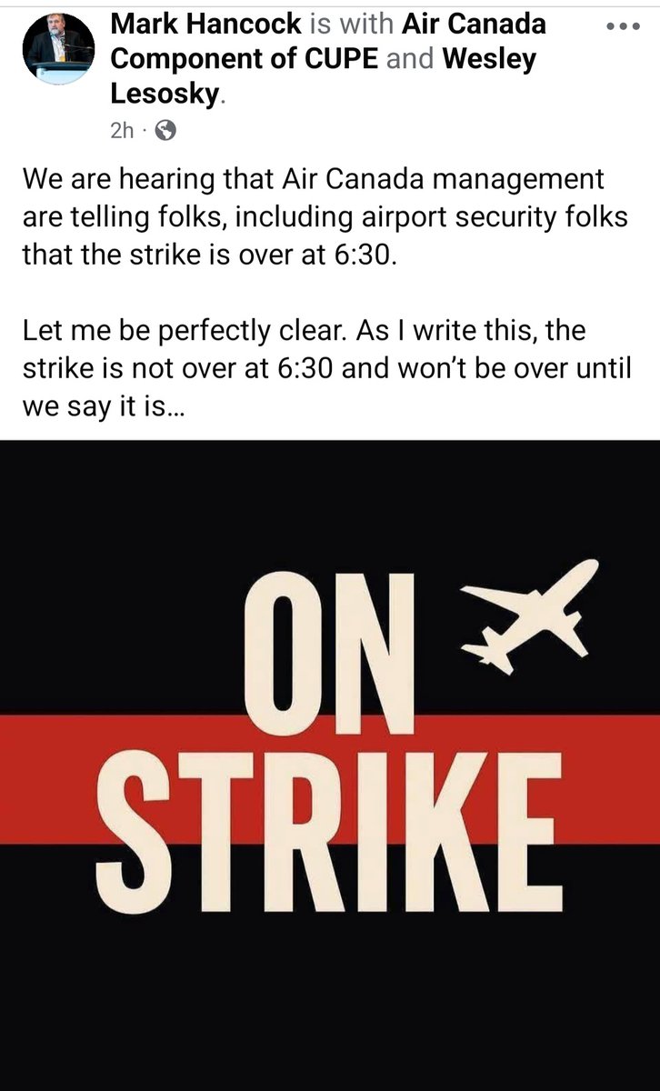 SamHersh01's tweet photo. CUPE President Mark Hancock says that the flight attendants strike is not over until they say it is.

If they decide to defy the legislation I'll be happy to go out and support them on the picket line.

Solidarity✊️ https://t.co/h2xHaJ2T9D
