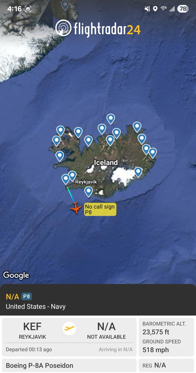 Borrowed7Time's tweet photo. US Navy P-8A Poseidon #AE6869 out of Keflavik, tracking S to operate over the N Atlantic.
@sipjack1776 @SR_Planespotter https://t.co/Kh5vnJENNZ