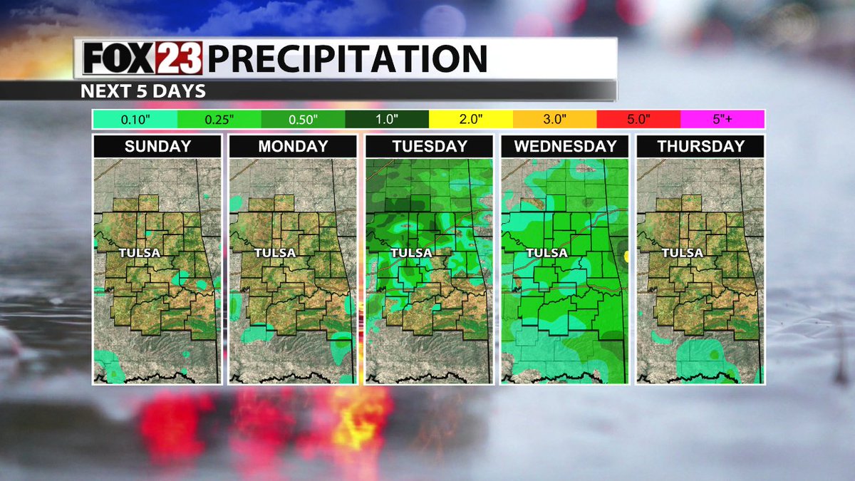 RAIN CHANCES RETURN: ☔️

A few pop-up downpours are possible Sunday afternoon, mainly S/W of Tulsa... otherwise, we'll wait until a midweek cold front brings a more widespread round or two of rain &amp; thunder - perhaps enough to settle the dust!

#okwx