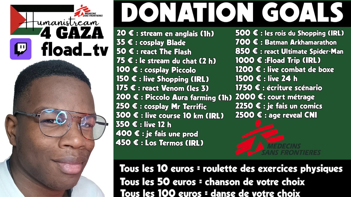 À partir de lundi et ce jusqu'à dimanche, je stream pour gaza #humanistream !
Voici mes donation goals !