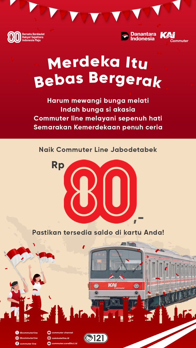CommuterLine's tweet photo. Merdeka Itu, Bebas Bergerak
Harum mewangi bunga melati
Indah bunga si akasia
Commuter line melayani sepenuh hati
Semarakan Kemerdekaan penuh ceria
Naik Commuter Line Jabodetabek Rp 80,-
Pastikan tersedia saldo di kartu Anda!
#PromoMerdeka
#DirgahayuRepublikIndonesia #80TahunIndonesiaMaju
#GayaGenerasiUrban #BestChoiceForUrbanTransport
#KAICommuter #FutureOfGreenCommuter