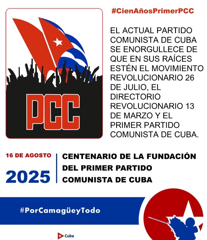 El 16 de agosto de 1925, bajo la iniciativa de Carlos Baliño, Julio Antonio Mella y otros revolucionarios, se fundó el Primer 
<a href="/PartidoPCC/">Partido Comunista de Cuba</a>

En estos 100 años se ha continuado con la ideas de justicia social de los fundadores.  

#100AñosPrimerPCC
#100AñosConFidel