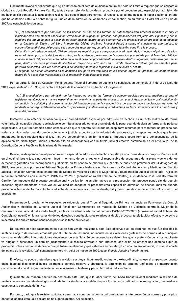 Wilson Gómez Guevara (@wilsongomezgb) on Twitter photo Sentencia N° 0653 del 08/05/2025 Sala Constitucional <a href="/TSJ_Venezuela/">TSJ Venezuela</a> Figura jurídica de la admisión de los hechos. Es un acto realizado de forma voluntaria, sin coacción alguna, que incluso le permite al acusado obtener una rebaja de la pena
historico.tsj.gob.ve/decisiones/sco… Sentencia N° 0653 del 08/05/2025 Sala Constitucional <a href="/TSJ_Venezuela/">TSJ Venezuela</a> Figura jurídica de la admisión de los hechos. Es un acto realizado de forma voluntaria, sin coacción alguna, que incluso le permite al acusado obtener una rebaja de la pena
historico.tsj.gob.ve/decisiones/sco…