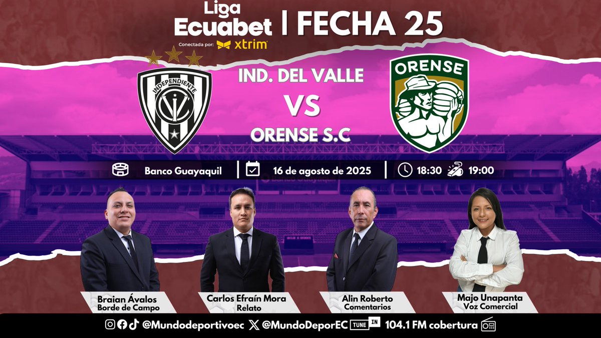 MUNDO DEPORTIVO EC 🇪🇨 (@mundodeporec) on Twitter photo 🏆¡LIGAPRO! Cerramos la jornada de sábado con la fecha 25 de la #LigaEcuabet, desde el Banco Guayaquil
<a href="/IDV_EC/">Independiente del Valle</a> 🆚 <a href="/Orense_SC/">Orense Sporting Club</a>
🎙️ <a href="/CarlosEfrainM/">Carlos Efraín Mora M</a>
🗒️ <a href="/alinroberto/">𝑨𝒍𝒊𝒏 𝑹𝒐𝒃𝒆𝒓𝒕𝒐 𝑸𝒖𝒊𝒈𝒖𝒂𝒏𝒈𝒐 𝑼.</a>
🏟️ <a href="/Braian_AvalosG/">Braian Andrés Avalos</a>
🗣️ María José Unapanta 🏆¡LIGAPRO! Cerramos la jornada de sábado con la fecha 25 de la #LigaEcuabet, desde el Banco Guayaquil
<a href="/IDV_EC/">Independiente del Valle</a> 🆚 <a href="/Orense_SC/">Orense Sporting Club</a>
🎙️ <a href="/CarlosEfrainM/">Carlos Efraín Mora M</a>
🗒️ <a href="/alinroberto/">𝑨𝒍𝒊𝒏 𝑹𝒐𝒃𝒆𝒓𝒕𝒐 𝑸𝒖𝒊𝒈𝒖𝒂𝒏𝒈𝒐 𝑼.</a>
🏟️ <a href="/Braian_AvalosG/">Braian Andrés Avalos</a>
🗣️ María José Unapanta