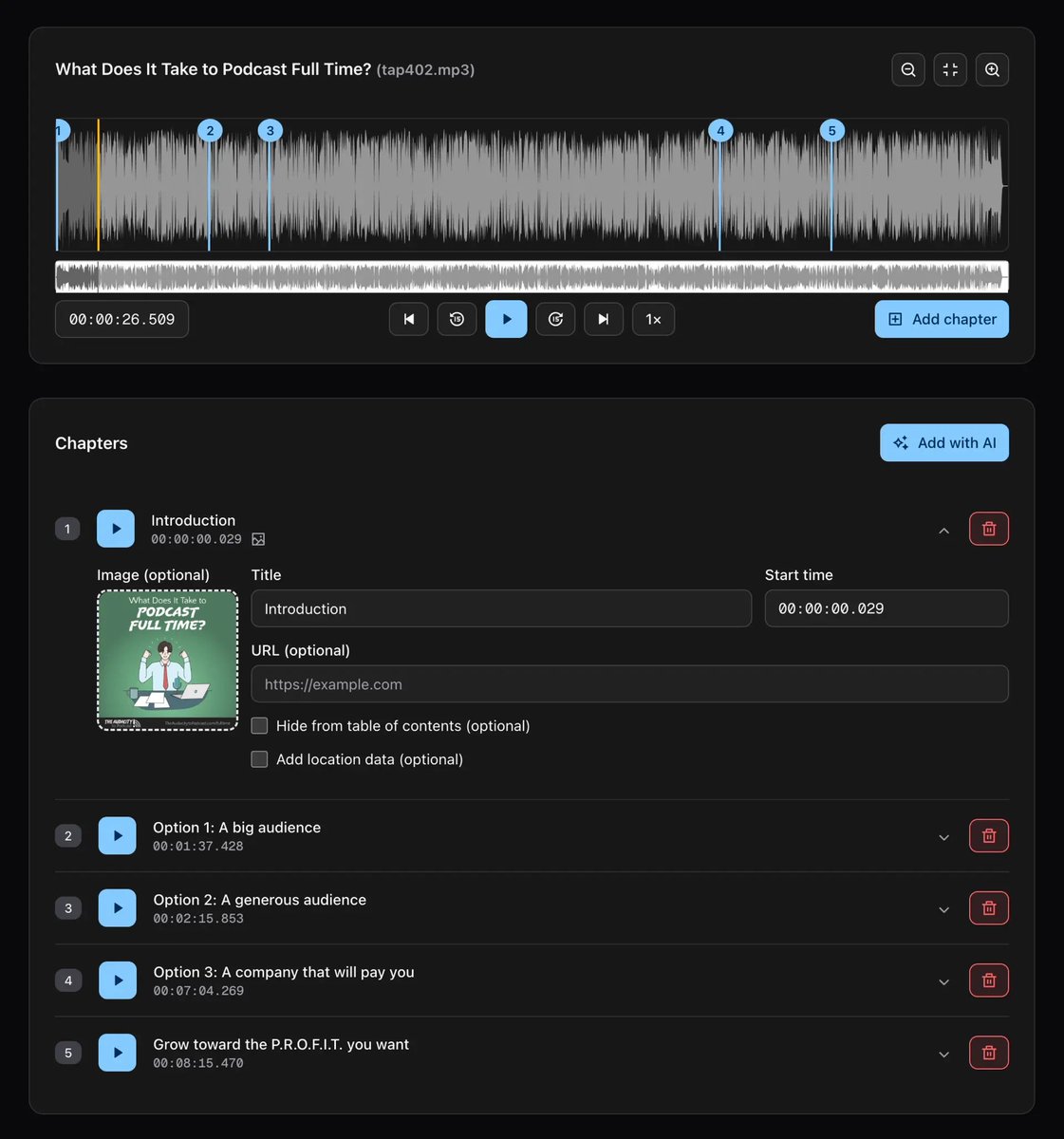 Time to reveal my new #podcasting tool's purpose!

• Legacy, #Podcasting2.0, and Podlove chapters
• ID3 tags
• Transcripts
• Timestamped outlines.

Its AI suggests chapters for you or smartly converts _your_ outline into chapters! 

It's blazing fast and easy to use!

Beta