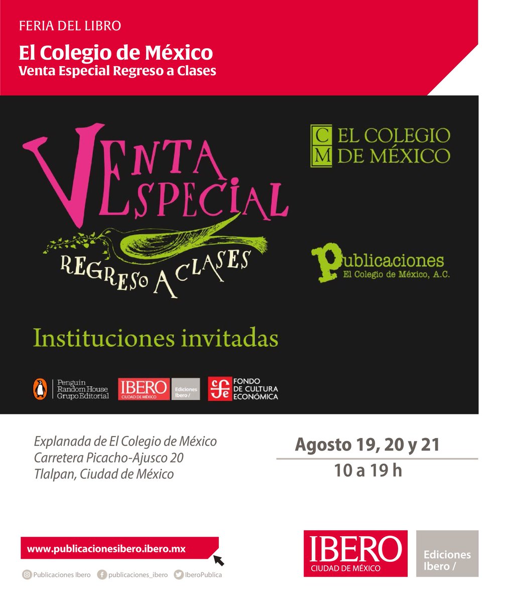 Ediciones Ibero (@iberopublica) on Twitter photo Este martes empieza en <a href="/elcolmex/">El Colegio de México</a> la Venta especial de regreso a clases de <a href="/LibrosColmex/">Publicaciones de El Colegio de México</a>
Consigue todos los libros que necesitas este semestre.
📅 19 al 21 de agosto
🕚 10 a 19 h
📍Carretera Picacho-Ajusco 20
Tlalpan, CDMX
¡Allá nos vemos!
<a href="/IBERO_mx/">IBERO CDMX</a> Este martes empieza en <a href="/elcolmex/">El Colegio de México</a> la Venta especial de regreso a clases de <a href="/LibrosColmex/">Publicaciones de El Colegio de México</a>
Consigue todos los libros que necesitas este semestre.
📅 19 al 21 de agosto
🕚 10 a 19 h
📍Carretera Picacho-Ajusco 20
Tlalpan, CDMX
¡Allá nos vemos!
<a href="/IBERO_mx/">IBERO CDMX</a>