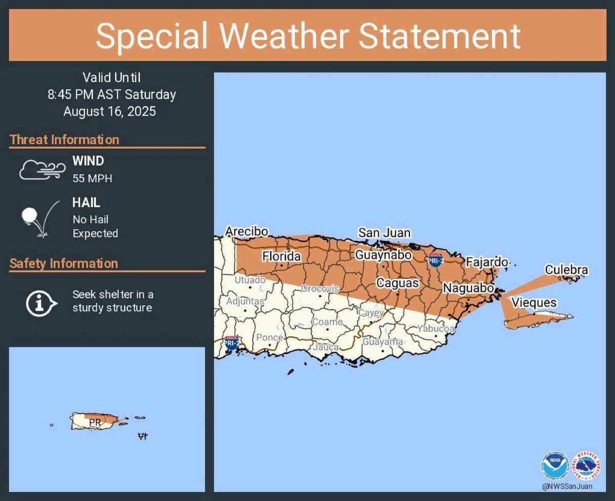 Si vas para el Concierto de hoy:

Se esperan vientos de hasta 55mph en el área, busque refugio o llegue al Coliseo lo antes posible.