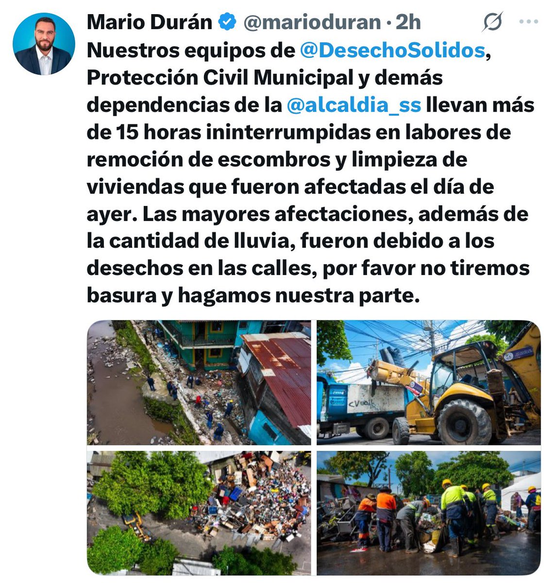 mediocridad en San Salvador.
Cada año la misma historia,los políticos llaman al pueblo a no tirar basura, pero en algunas calles unos meses atrás tenían montañas acumuladas porque la alcaldía no cumplía su deber. Cuando llueve, algo de esas parvas se arrastran a los desagües y la