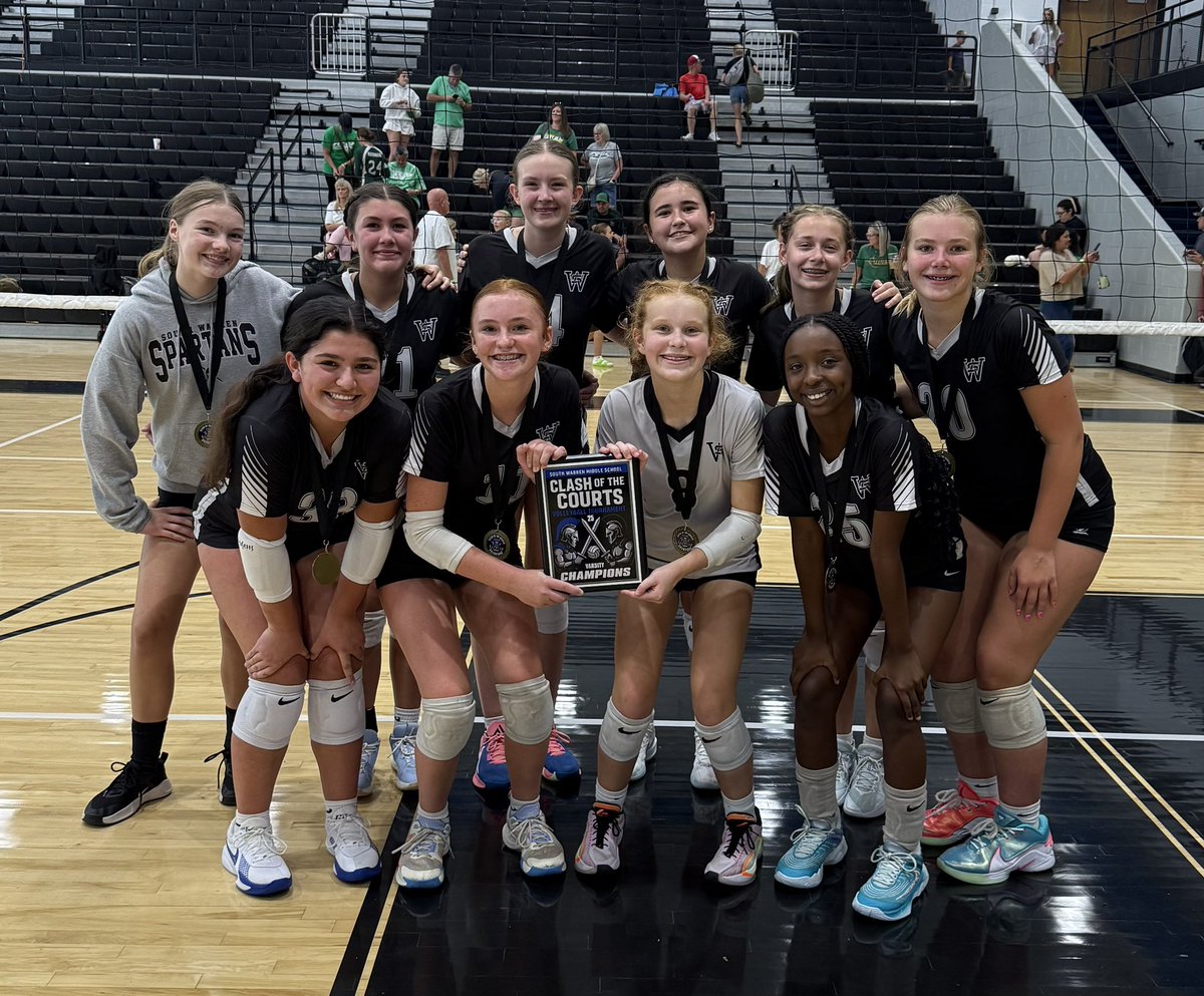 The South Warren Middle School Spartans 8th grade volleyball team are the 2025 Clash of the Courts champions! They went 5-0 on the day and didn’t lose a set. #8 is mine!