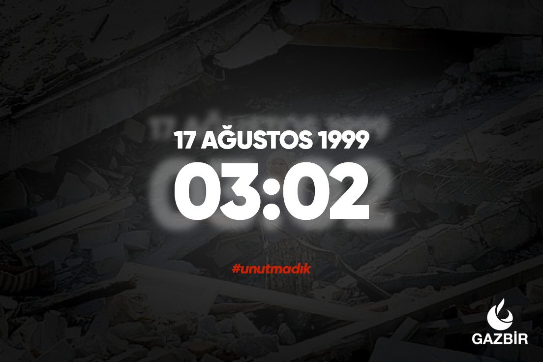 #17Ağustos1999 Marmara Depremi’nde hayatını kaybeden vatandaşlarımızı rahmetle anıyoruz.

#MarmaraDepremi

<a href="/GazbirGazmer/">GAZBİR-GAZMER</a>