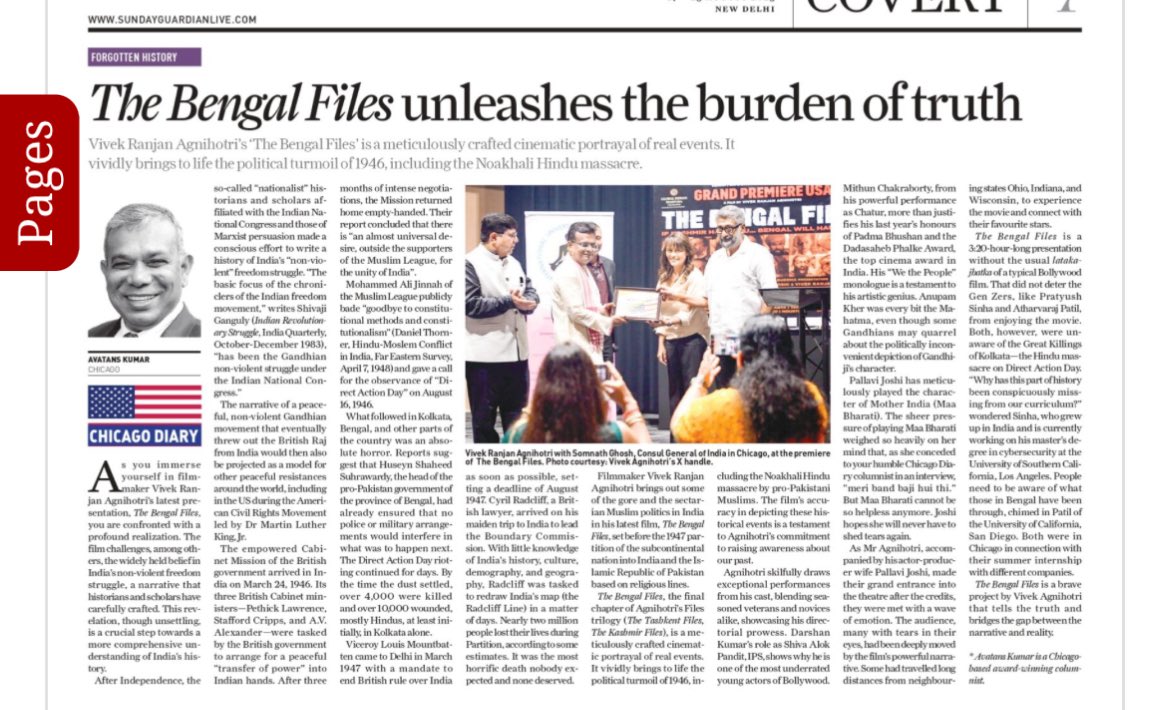 Avatans Kumar 🕉 (@avatans) on Twitter photo Film The Bengal Files by <a href="/vivekagnihotri/">Vivek Ranjan Agnihotri</a> is a meticulously crafted cinematic portrayal of real events. It vividly brings to life the political turmoil of 1946, including the Noakhali Hindu massacre.
My review in <a href="/SundayGuardian/">The Sunday Guardian</a>
<a href="/mithunda_off/">Mithun Chakraborty</a> <a href="/AnupamPKher/">Anupam Kher</a> <a href="/DarshanKumaar/">Darshan Kumaar</a>
1/2 Film The Bengal Files by <a href="/vivekagnihotri/">Vivek Ranjan Agnihotri</a> is a meticulously crafted cinematic portrayal of real events. It vividly brings to life the political turmoil of 1946, including the Noakhali Hindu massacre.
My review in <a href="/SundayGuardian/">The Sunday Guardian</a>
<a href="/mithunda_off/">Mithun Chakraborty</a> <a href="/AnupamPKher/">Anupam Kher</a> <a href="/DarshanKumaar/">Darshan Kumaar</a>
1/2