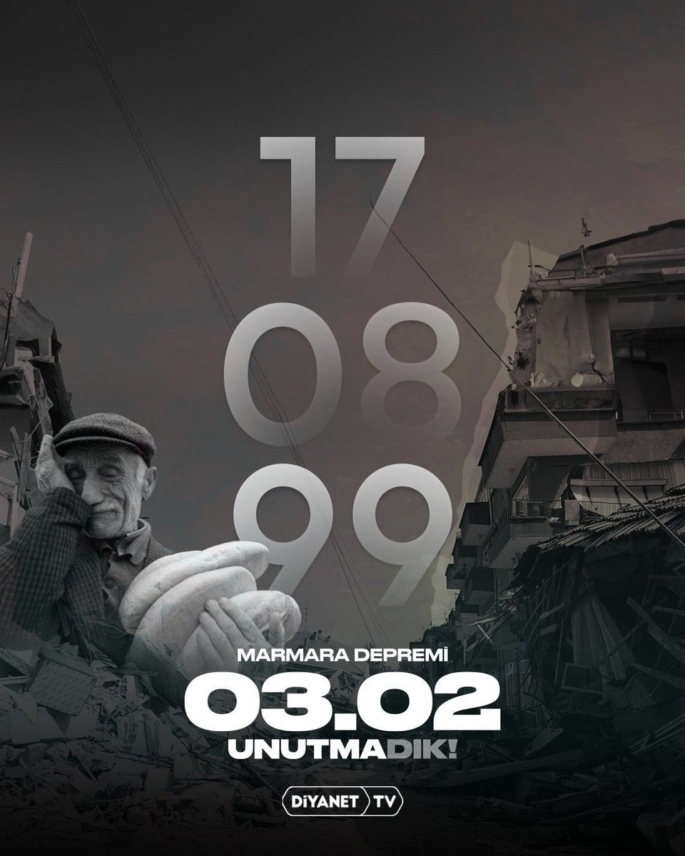 DiyanetTV's tweet photo. 17 Ağustos 1999 #MarmaraDepremi'nin yıl dönümünde depremde vefat eden kardeşlerimize Allah’tan (cc) rahmet, yakınlarına ve milletimize başsağlığı diliyoruz.

Cenâb-ı Hakk, ülkemize bir daha böyle acılar yaşatmasın.

#17Ağustos1999 https://t.co/4dI72szK5q