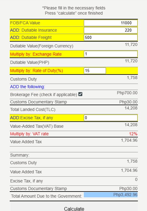 superpaoyeah's tweet photo. @padillabela @CustomsPH Hi Bela, share ko lang din to sa website need talaga input ang Ins and freight. Then compute Landed Cost para po makuha ang VAT. Kasama po ang 12% VAT sa binabayaran on top of 15% Customs Duties po. So roughly po around 3,400+ ang duties don sa sobra hingi po kayo ng breakdown https://t.co/FhqeQW3dR3